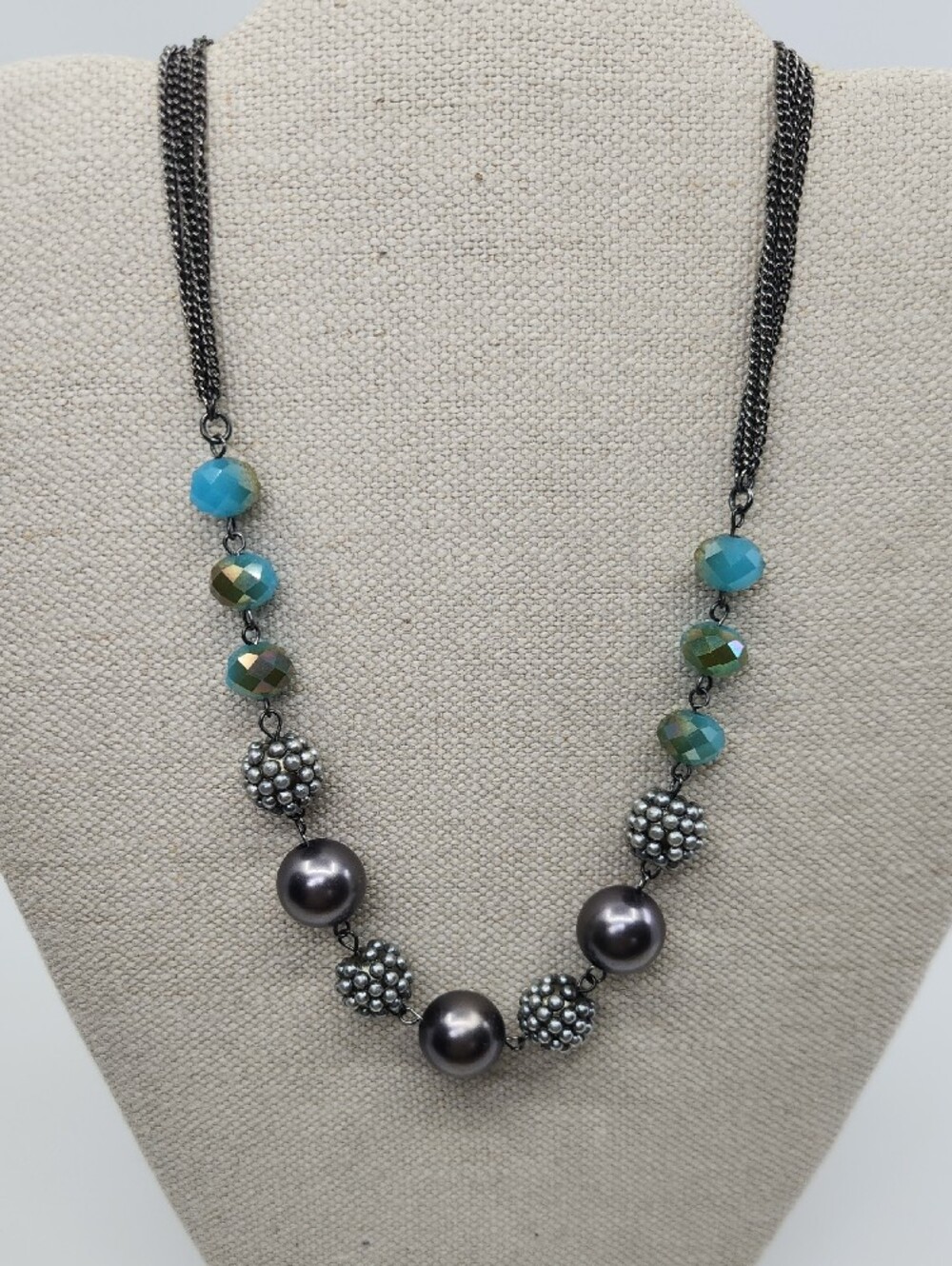 RMN Gray Faux Pearl & Beaded Statement Necklace Signed